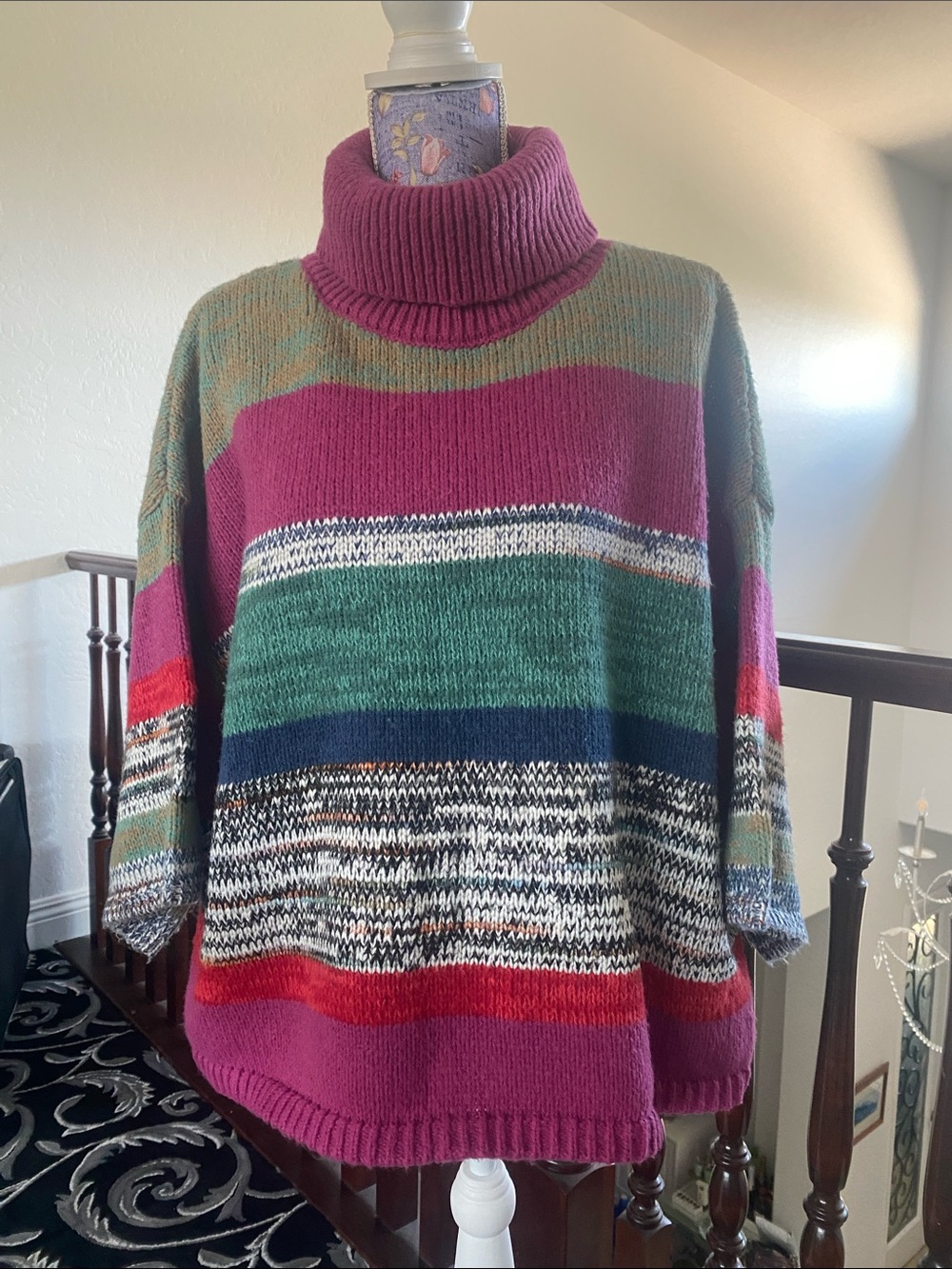 Multicolor Striped Turtleneck Sweater - Magenta, Green, Navy